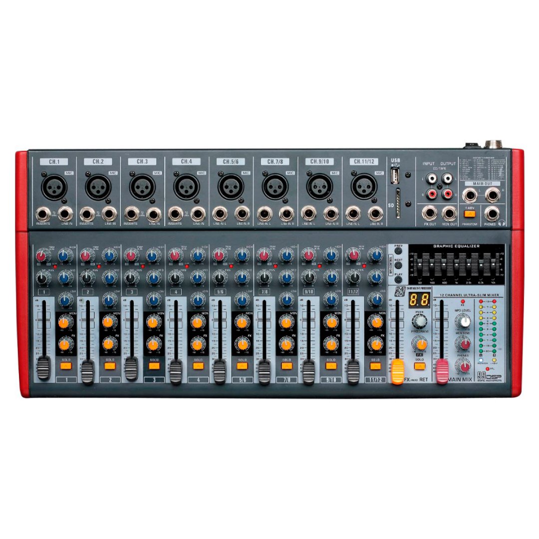 PZ-AM-1202FX - web PZ-AM-1202FX Mezcladora de audio de 12 CH con USB, BT + 99DSP (Digital multi effects), Phantom 48V "POTTENZA PREMIUM" - Imagen 1