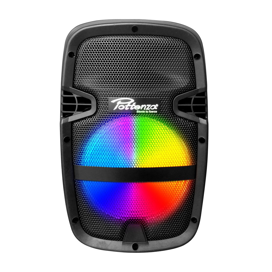 PZ-8RB FOTO LUZ PZ-8RB Caja acústica activa 8" 200W PEAK con USB, BLUETOOTH, RADIO, con batería recargable. Micrófono.inalámbrico y alámbrico con led RGB "POTTENZA" - Imagen 1