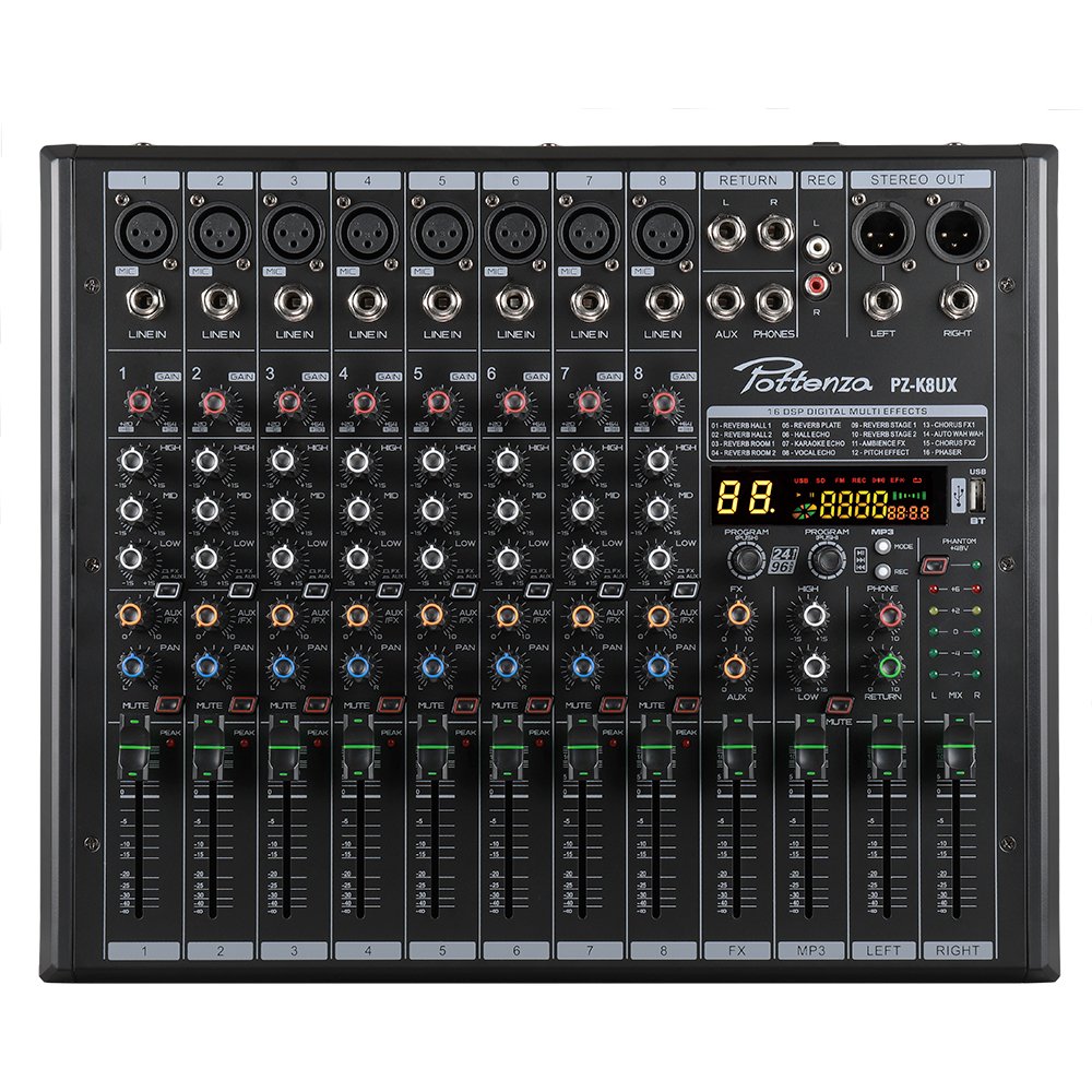 PZ-K8UX - 1 PZ-K8UX MEZCLADORA 8 CANALES CON USB Y BLUETOOTH "POTTENZA" - Imagen 1