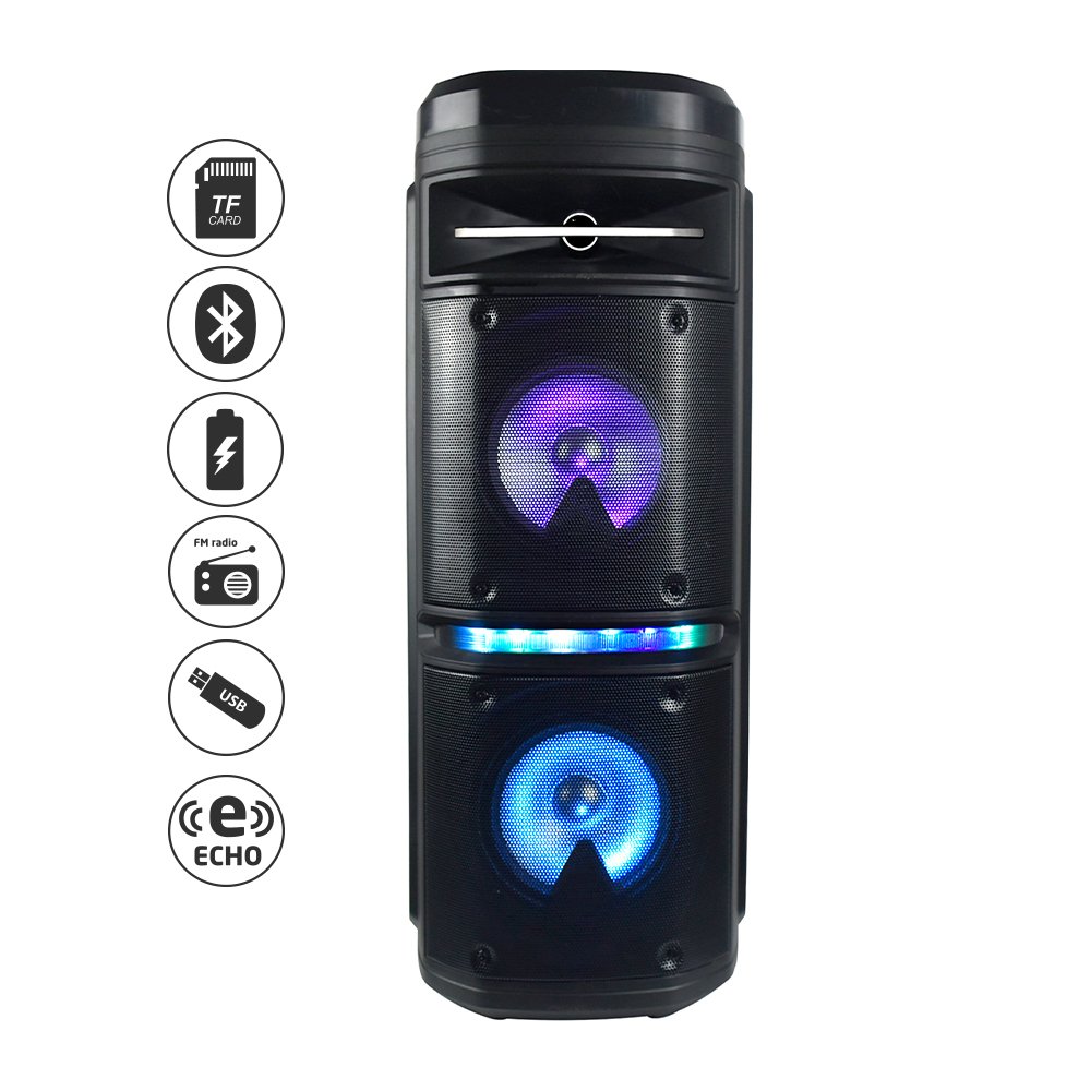 fiesta-01 web FIESTA-01 Caja acústica activa 2*6 con BT, USB, TF, FM, Luces, batería recargable7.4V. 2400mah, 01 Micrófono inalámbrico de mano y 01 micrófono inalámbrico de vincha "POTTENZA" - Imagen 1