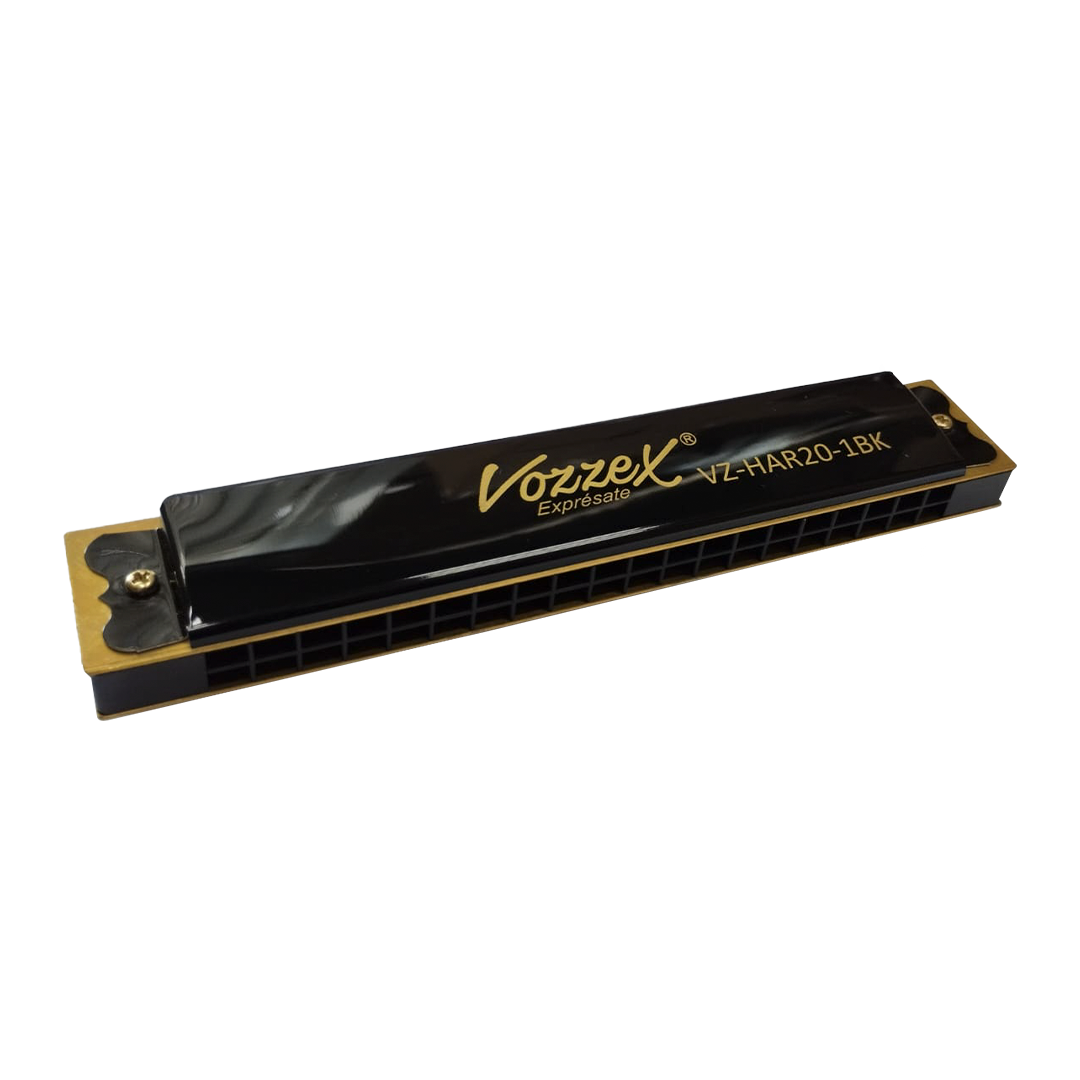 VZ-HAR20-1BK WEB VZ-HAR20-1BK ARMONICA D/ METAL INOXIDABLE - 20 AGUJEROS BLACK/GOLD C/ CASE (PROTECTOR) PLASTICO "VOZZEX" - Imagen 1