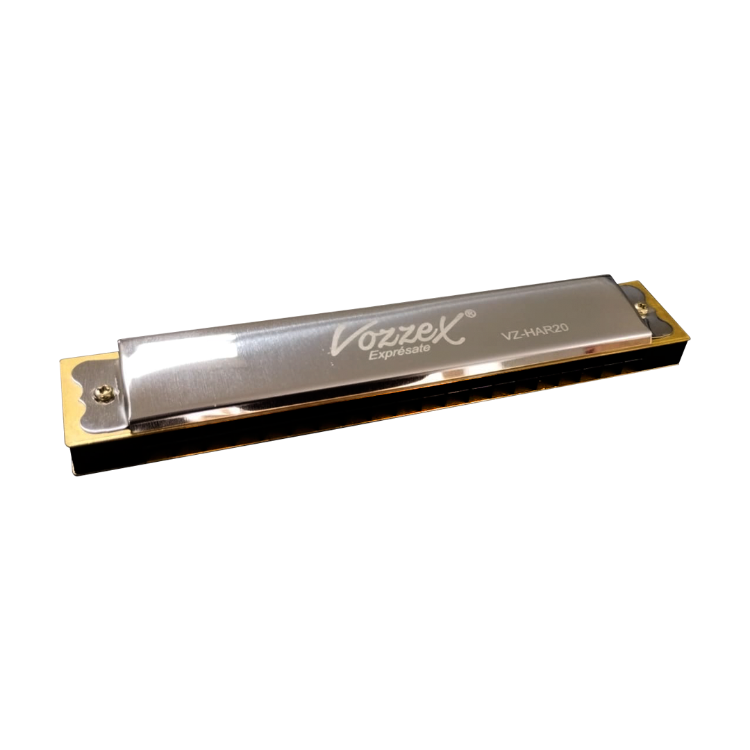 VZ-HAR20 WEB 2 VZ-HAR20 ARMONICA D/ METAL INOXIDABLE - 20 AGUJEROS SILVER/GOLD C/ CASE (PROTECTOR) PLASTICO "VOZZEX" - Imagen 1