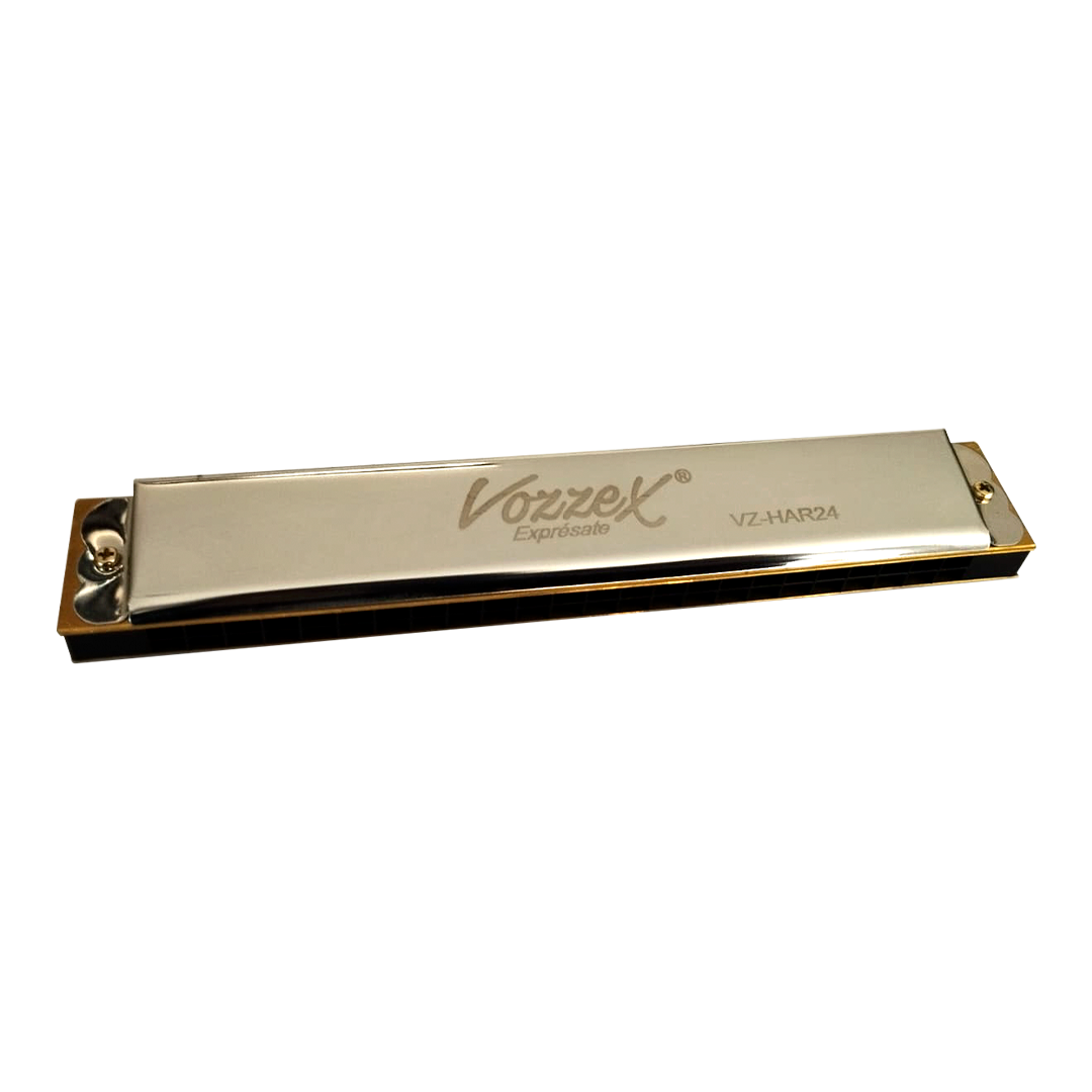 VZ-HAR24 WEB VZ-HAR24 ARMONICA D/ METAL INOXIDABLE - 24 AGUJEROS SILVER/GOLD C/ CASE (PROTECTOR) PLASTICO "VOZZEX" - Imagen 1