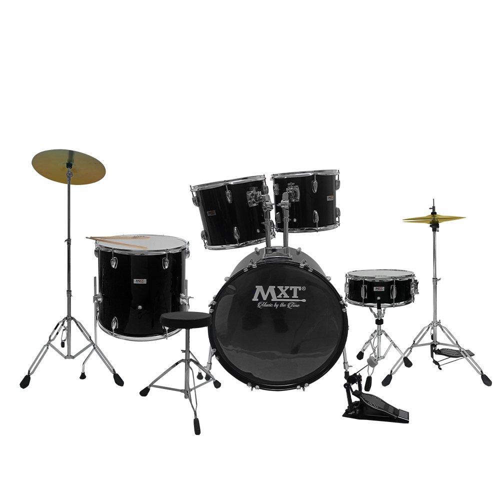 MXT-BAT-5BK-WEB.jpg MXT-BAT-5BK BATERIA ACUSTICA NEGRA C/3 TOMS (16"*16", 13"*11", 12"*10"), SNARE DRUM (14"*5.5"), BASS DRUM , CRASH CYMBAL, HI HAT CYMBAL, BANCO Y BAQUETAS "MXT" - Imagen 1